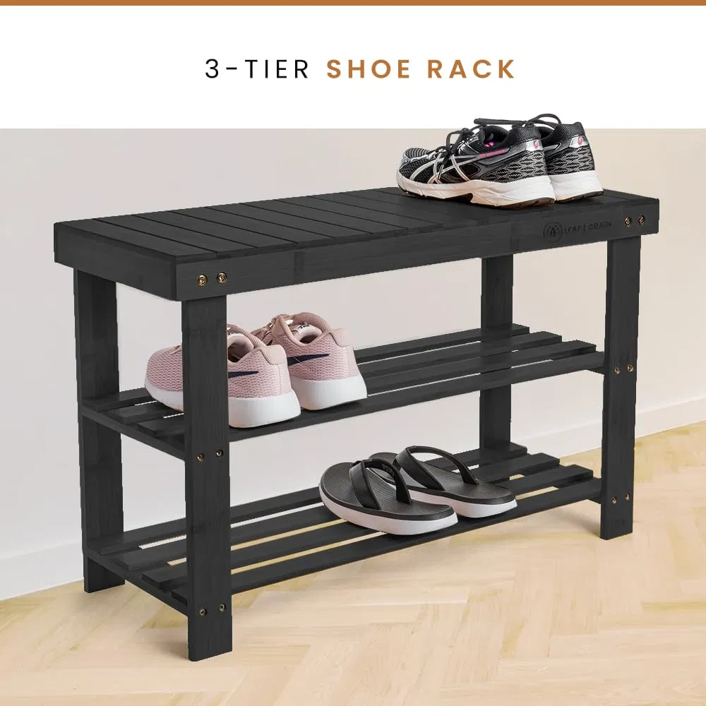 Black Color Bamboo Shoe Rack Wooden Storage Bench Bamboo Organizer Entryway Organizing Shelf