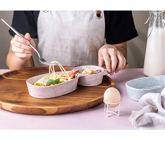 Stylish Ceramic Snack Bowl with Divider and Wooden Handle
