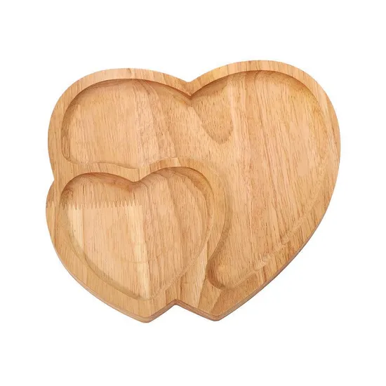 Heart Shaped Divided Rubber Wooden Snack Plates Serving Tray