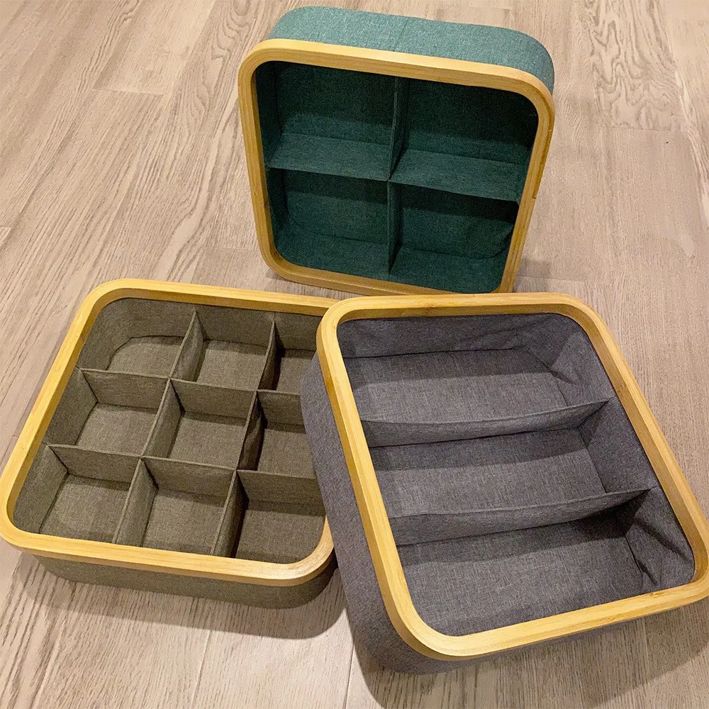 Bamboo Circle Oxford Cloth Fabric Drawer Storage Box for Household Underwear, Sock, Sundries and Snack Classification