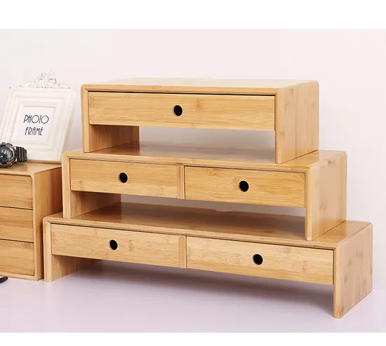 Bamboo Computer Monitor Stand with Storage Organizer Drawers