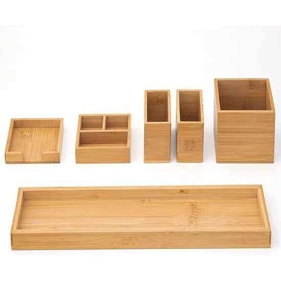 Bathroom Countertop 6-Piece Bamboo Vanity Tray Set/ Makeup Kitchen Desk Organizer and Storage - Holds Small Items