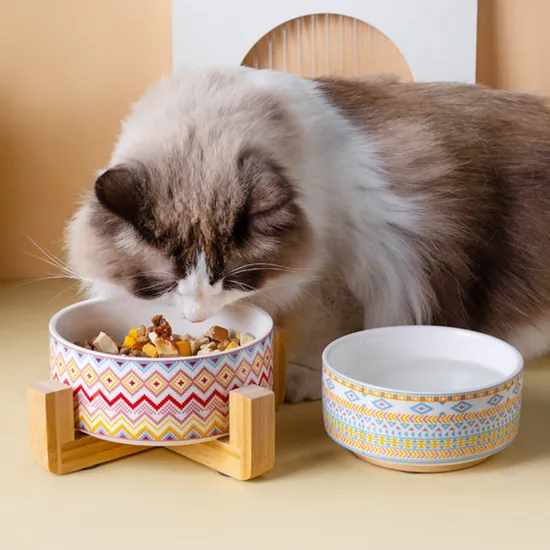 Solid Wood High - Foot Ceramic Pet Cat and Dog Bowl