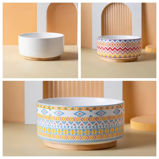 Fashion Good Design Ceramic Pet Bowl with Bamboo Wooden Base for Dogs and Cats