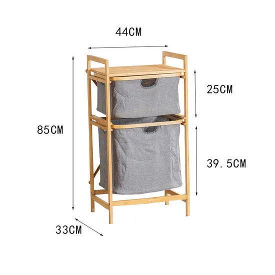 Double - Layer Bathroom Floor - Standing Bamboo and Fabric Storage Shelf as a Dirty Clothes Basket