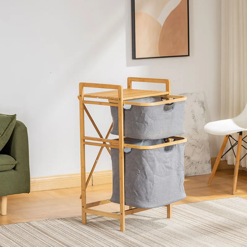 Double - Layer Bathroom Floor - Standing Bamboo and Fabric Storage Shelf as a Dirty Clothes Basket