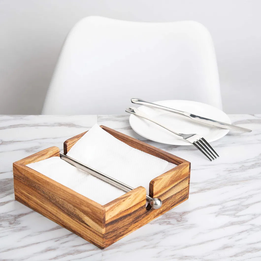 Acacia Wood Napkin Holder with Weighted Stainless Steel Center Bar