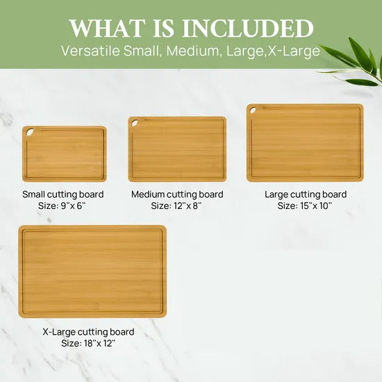 Different Size Bamboo Cutting Board Set of 4 with Hanging Hole