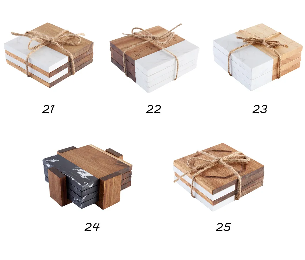 Custom Ecofriendly Round Acacia Wooden Cup Coasters with Holder for Green Living