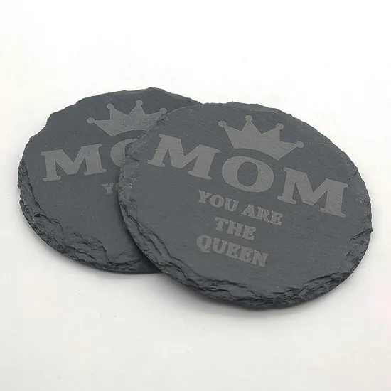Custom Engraved Round Shaped Black Slate Coasters with Metal Holder