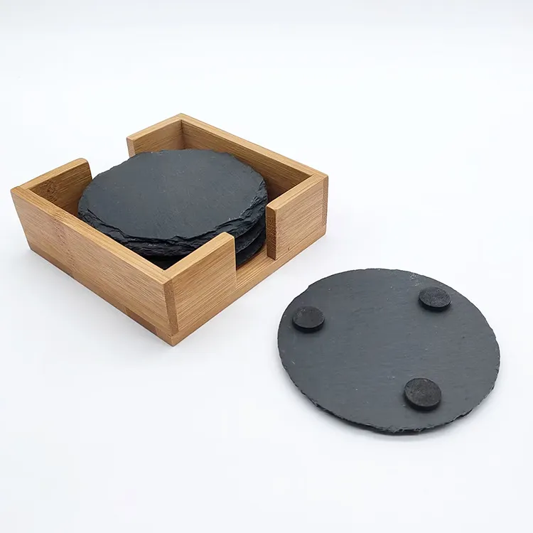 Custom Engraved Round Slate Cup Coasters with Bamboo Holder for Personal Gifts