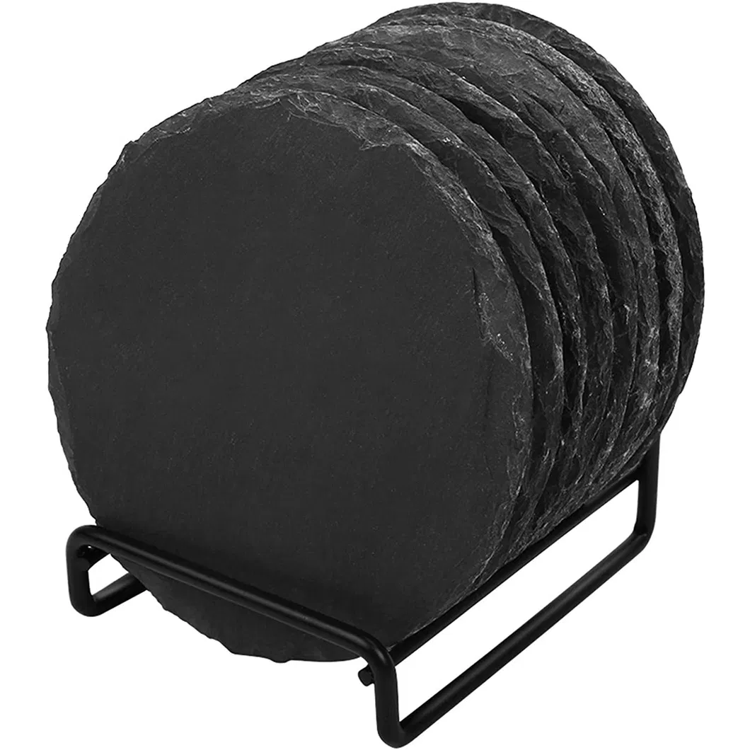Decorative Slate Cup Coasters with Elegant Metal Holder