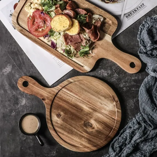 Functional Custom Round Acacia Wood Charcuterie and Cheese Serving Tray with Handle Bulkbuy