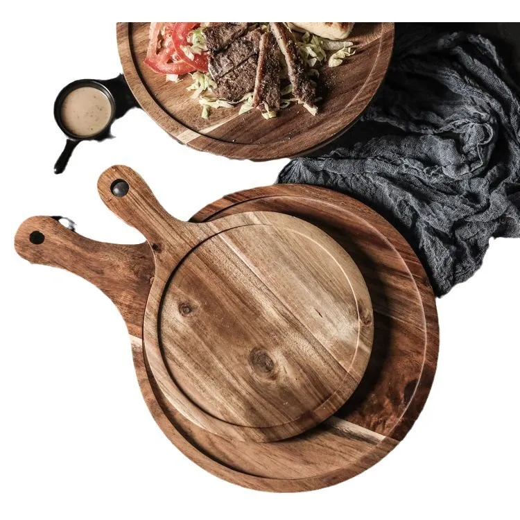 Functional Custom Round Acacia Wood Charcuterie and Cheese Serving Tray with Handle Bulkbuy