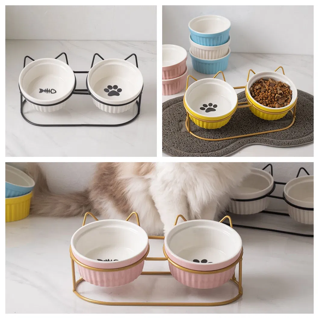 Ceramic Cat Bowl Dog Bowls with Cat Shape Metal Shelf