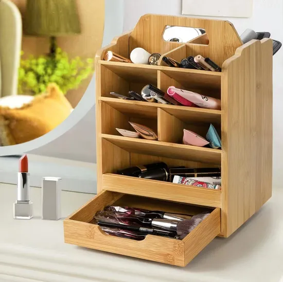 360° Rotating 15-Compartment Bamboo Pen Holder Organizer Cosmetic Organizer Shelf