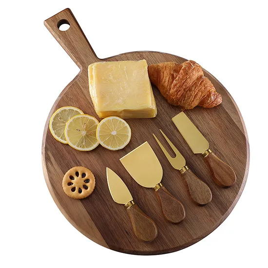 Easy Clean Acacia Wood Cheese Board Serving Board with Handles and Black Knives