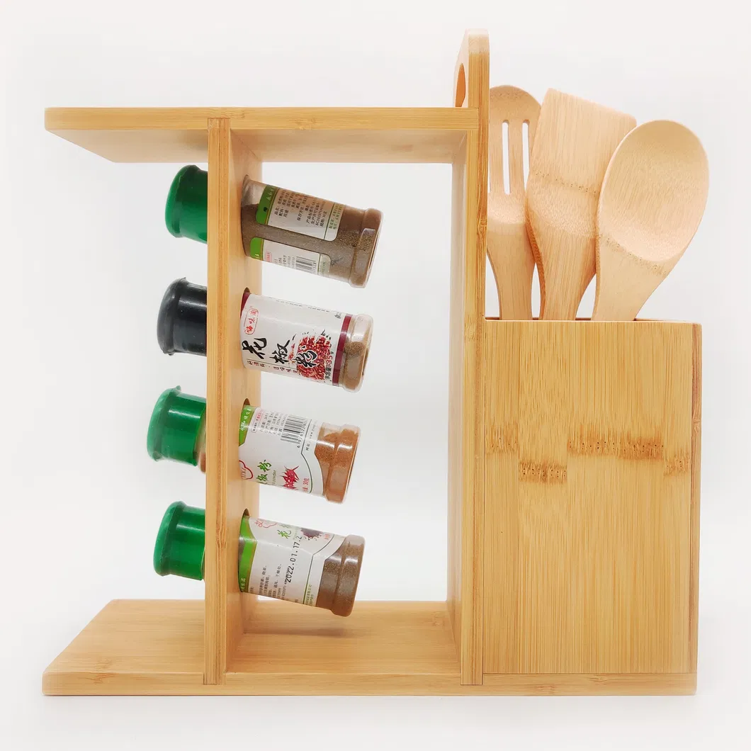 Bamboo Cutlery Organizer Utensils Holder with Spice Rack & 3-Piece Utensil Set