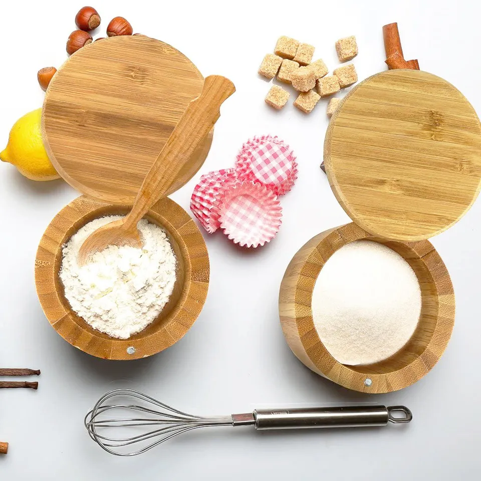 Elegant Bamboo Salt Cellar Spice Box with Magnetic Lid