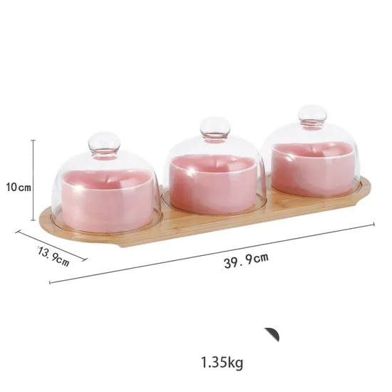 Round 12 Inch Lazy Susan Acacia Wood Serving Tray with 4 Divided Ceramics Bowls
