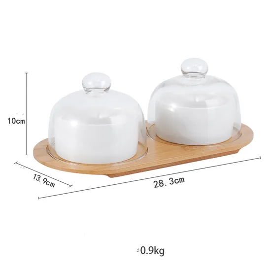 Bamboo Serving Platter with Glass Lids and Ceramic Bowls for Snack Candy Fruit Nut