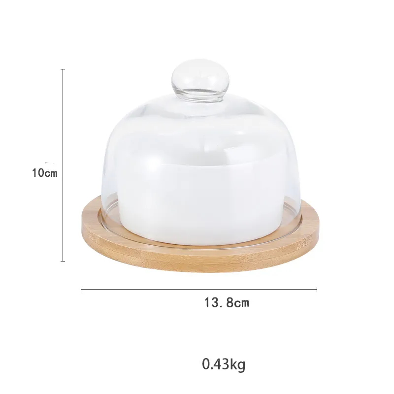 Mini Round Bamboo Wood Cake Stand with Glass Dome and Ceramic Bowls for Cakes &amp; Cheese Platters