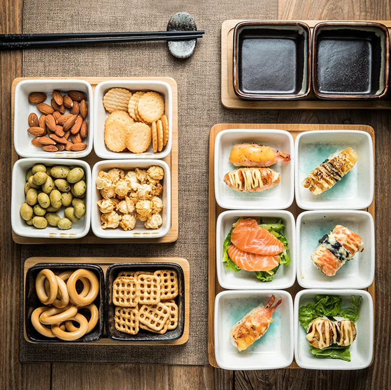 Bamboo Serving Tray with 6 -Compartments Ceramic Serve Bowl Dishes