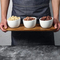 Acacia Wooden Tray with 3 White Ceramic Soup Bowls in a Chip and DIP Set