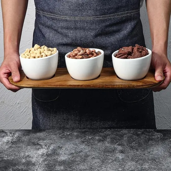 Acacia Wooden Tray with 3 White Ceramic Soup Bowls in a Chip and DIP Set