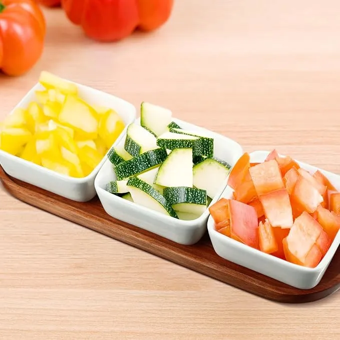 Acacia Wood Tray with 3 Ceramic Dipping Bowls and Square Sauce Dishes