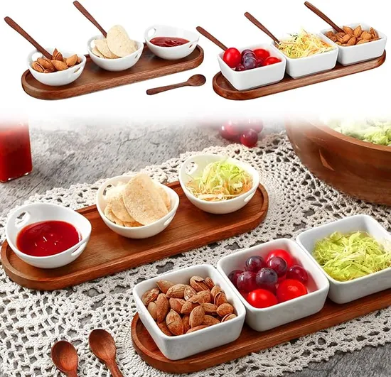 Acacia Wood Tray with 3 Ceramic Dipping Bowls and Square Sauce Dishes
