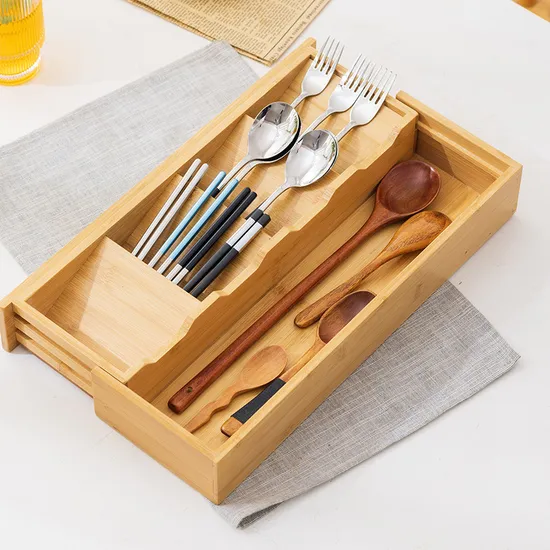 Bamboo Expandable Drawer Organizer for Silverware, Flatware and Knives in Kitchen