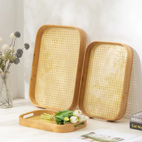 Bamboo and Rattan Weave Serving Breakfast Fruit Dessert Dinner Tray with Handles
