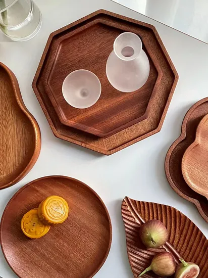 8 - Inch Petal - Shaped Ebony Wooden Dinner, Fruit, Bread, Dessert Plates Set