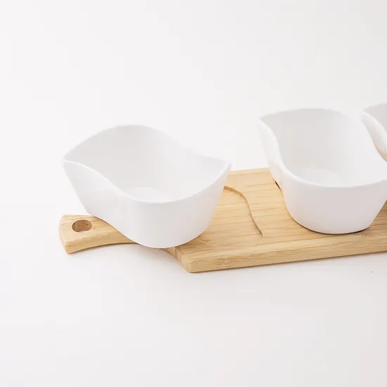 Bamboo Wood Tray Fruits Condiments Appetizer Tray and Desserts Serving Tray with 3 White Ceramic Bowls