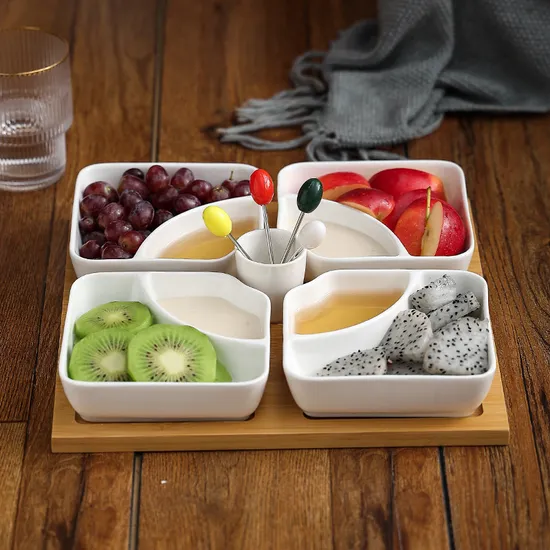 Multi-Grid Ceramic Fruit Platter with Bamboo Wooden Tray for Home Tableware