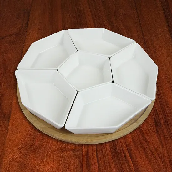 6-Compartment White Ceramic Appetizer and Condiment Server Set with Bamboo Tray