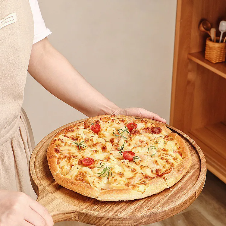Round Wood Pizza Serving Tray Set of 3 with Handle