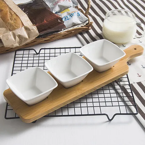 Creative Ceramic Compartment DIP Bowl with Bamboo Serving Platter