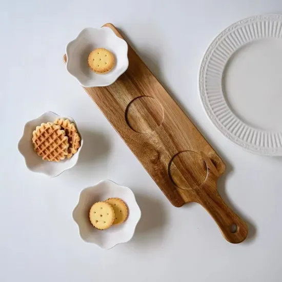 Long Acacia Wood Serving Platter with 3 Sauce Snack Dish