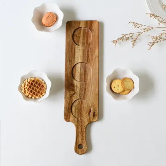 Long Bamboo Serving Tray Wooden Platter with Ceramic Sauce Dish