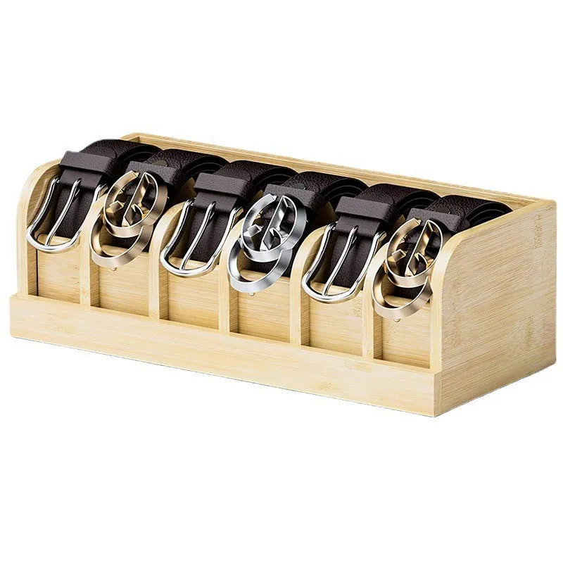 6-Grid Natural Bamboo Belt Organizer Box for Closet and Drawer