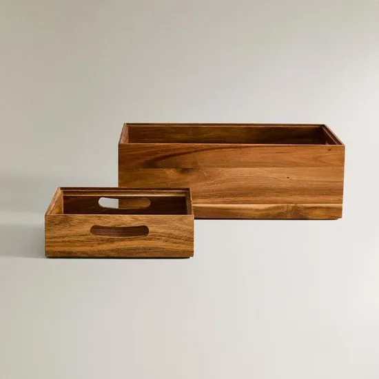 Acacia Wood Storage Box Storage Bin Set of 2 with Handle