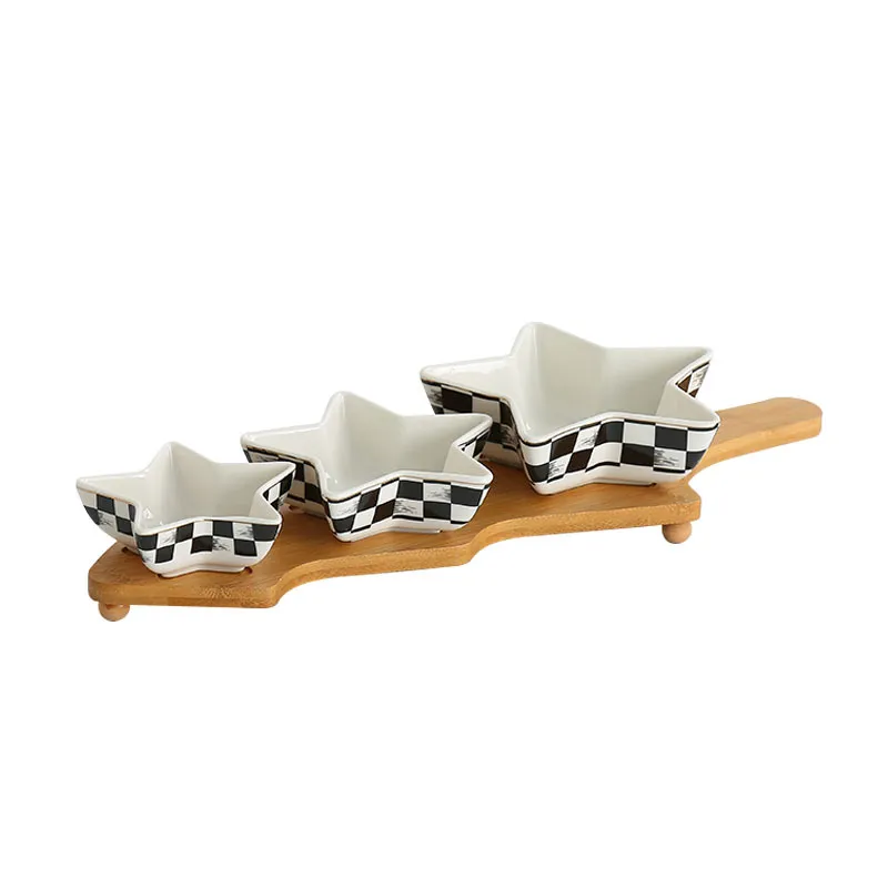 Bamboo Divided Serving Tray with Removable Ceramic Bowls for Dipping Sauces
