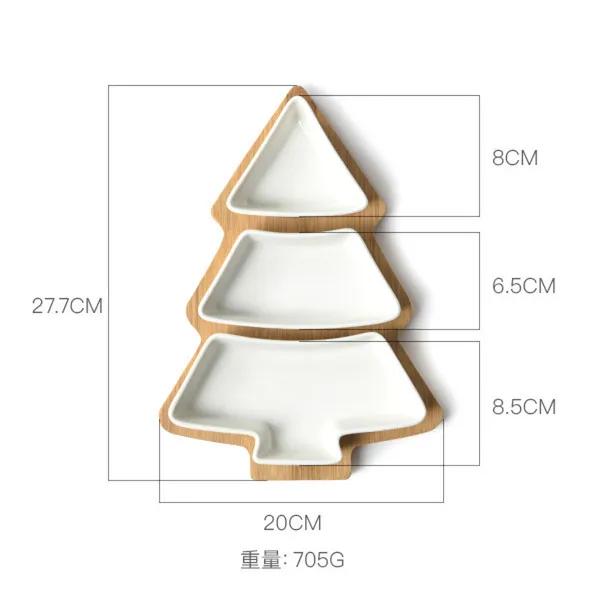 Christmas Tree - Shaped Bamboo Tree Tray with 3 White Removable Ceramic Snack Appetizer Plates