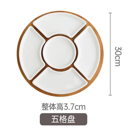 Bamboo Serving Platter with 3 PCS Ceramic Plates for Party