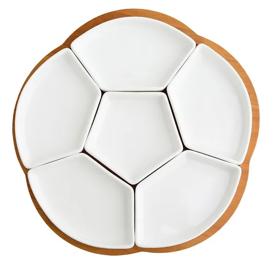 Microwave & Dishwasher Safe Divided Ceramic Dishes with Rotatable Bamboo Serving Base