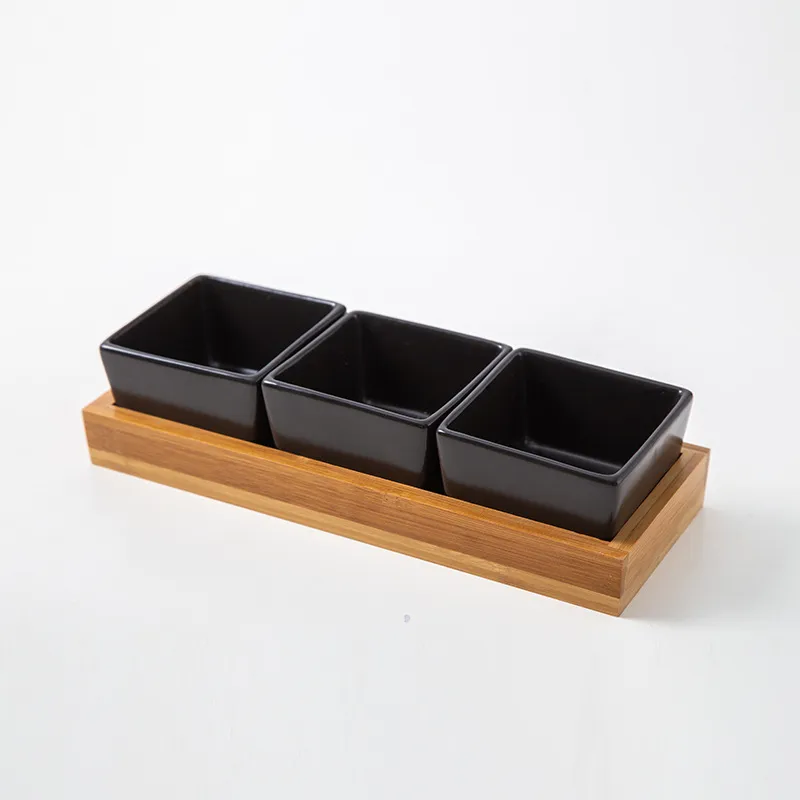 3 Divided Rectangle Bamboo Serving Tray with Ceramic Dishes for Snack /Sauce