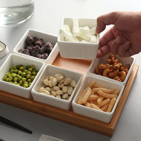 3 Divided Rectangle Bamboo Serving Tray with Ceramic Dishes for Snack /Sauce