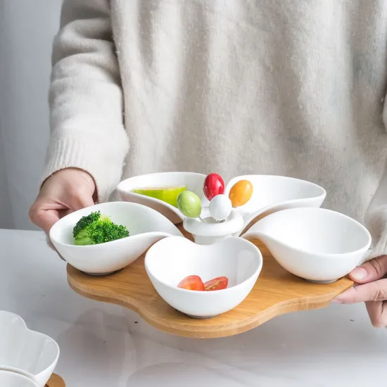 5-Grid Ceramic Salad Bowl & Sauce Dish with Bamboo Serving Tray for Afternoon Tea, Fruits, Desserts & Nuts